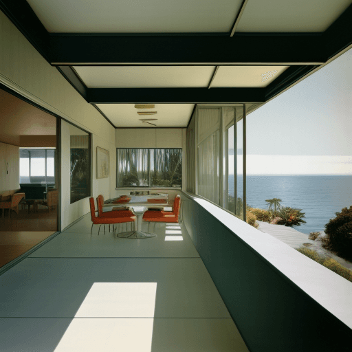 AI generated: Hyper realistic eye level exterior photo of a mid century modern style house overlooking the ocean, ...