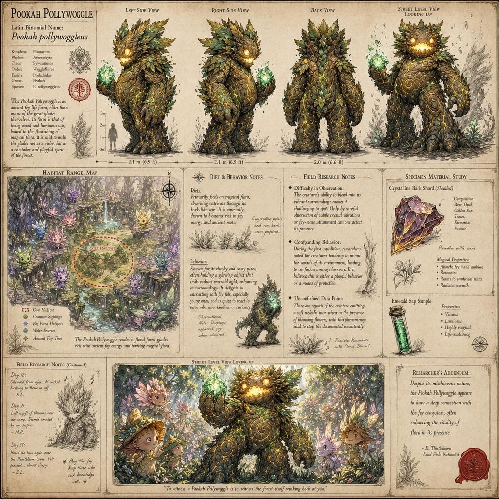 AI generated: A scientific record featuring a large, ancient gnarled Pookah Pollywoggle creature, illustrated in p...