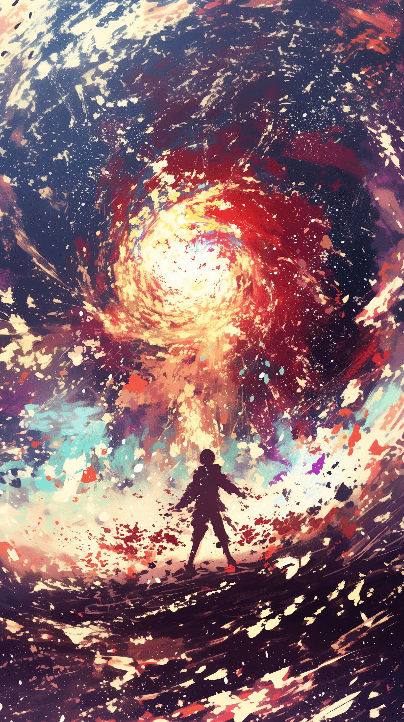 AI generated: abstract artwork, figure seemingly dissolving into a vast explosion of color, splashes of fiery reds...