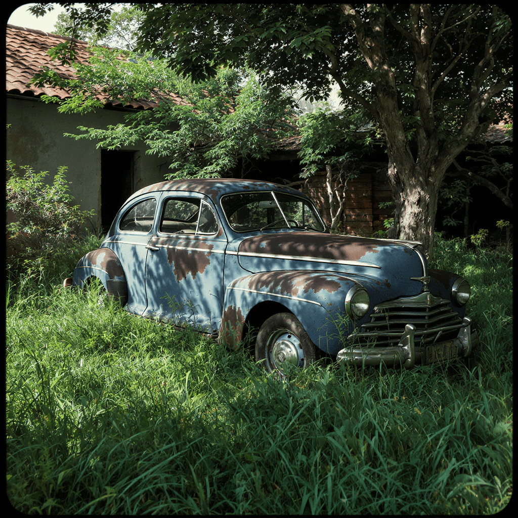 AI generated: A realistic Eastman Kodak 5294 photo of vintage, rusted blue car, positioned prominently in an overg...
