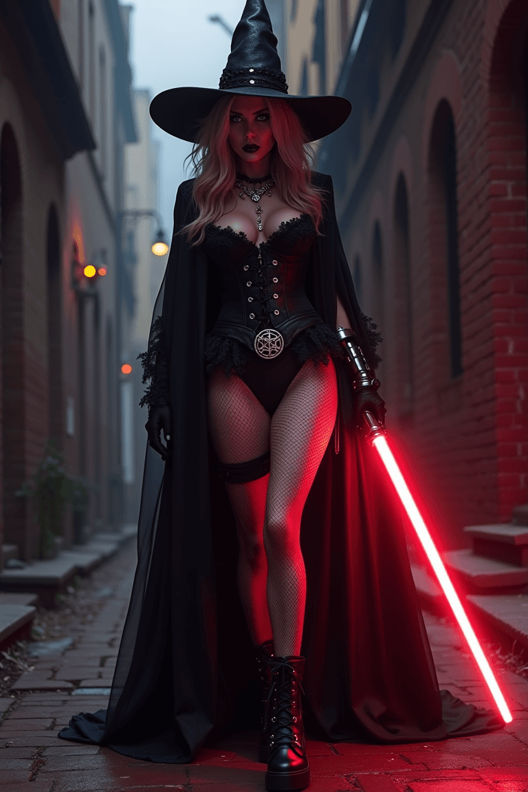 AI generated: In a dark, misty alleyway, a towering Sith stands tall, her pale skin illuminated only by the faint ...