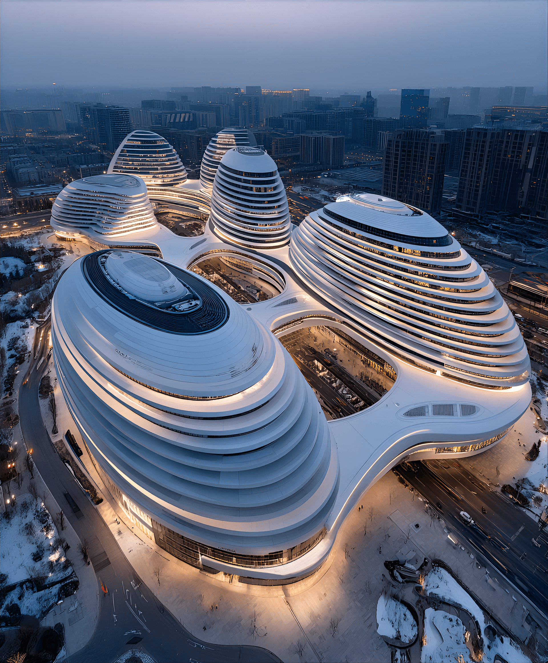 AI generated: Chinese avantgarde architecture, Galaxy Soho, smooth curves, white exteriors, urban Beijing, aerial ...