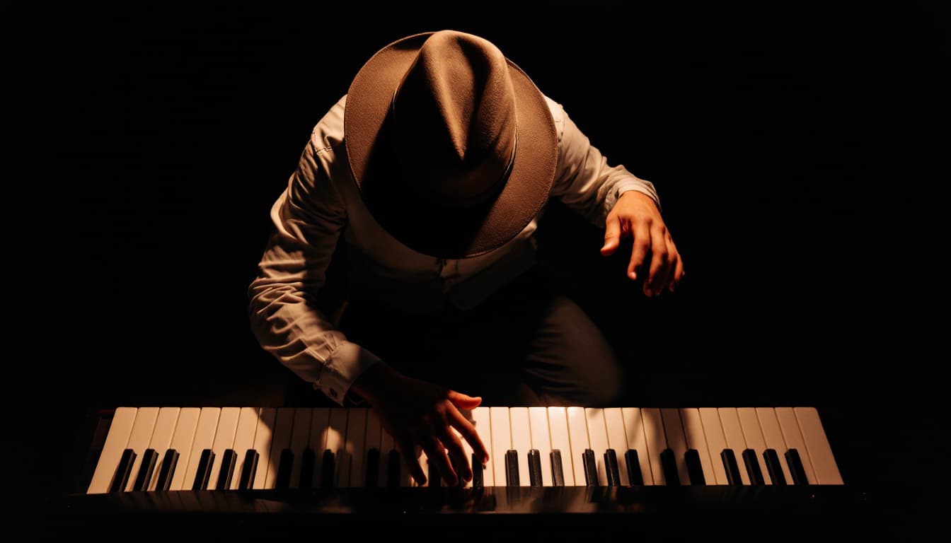 AI generated: Capture the essence of a jazz musician immersed in performance from drone.  Skillfully dancing over ...