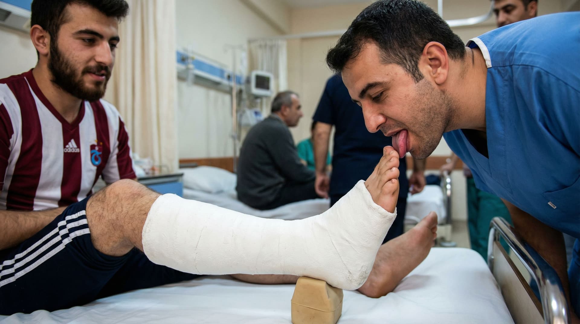 AI generated: Image of a thick leg cast in plaster with a small heel underneath the foot on a young turkish bearde...