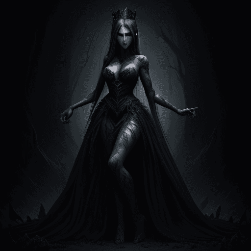 AI generated: a full body portrait of dark queen, dark fantasy randy theme, mystical, zoomed, Dark theme, underwor...