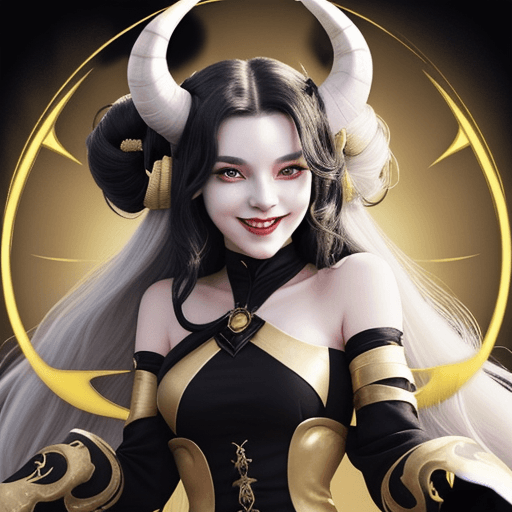 AI generated: Tiefling woman with a black dress, white long hair with two buns, two golden horns and bright yellow...