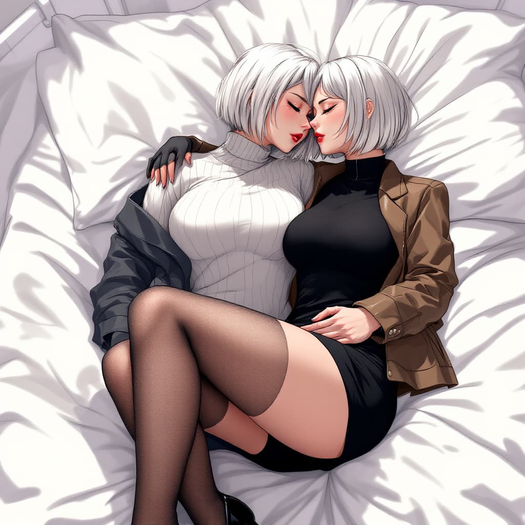 AI generated: anime, woman, white hair, bob cut, closed eyes, freckles, red lips, white sweater, tight sweater, sh...