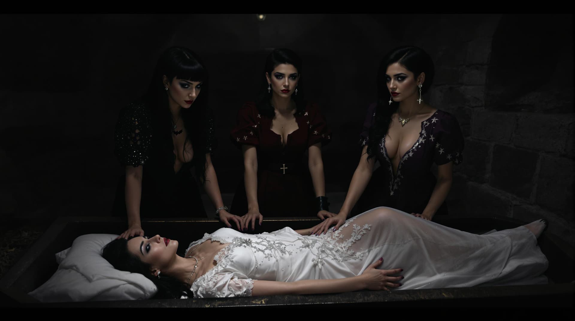 AI generated: The image depicts a haunting scene of four women in a crypt, with one lying in a coffin and the othe...