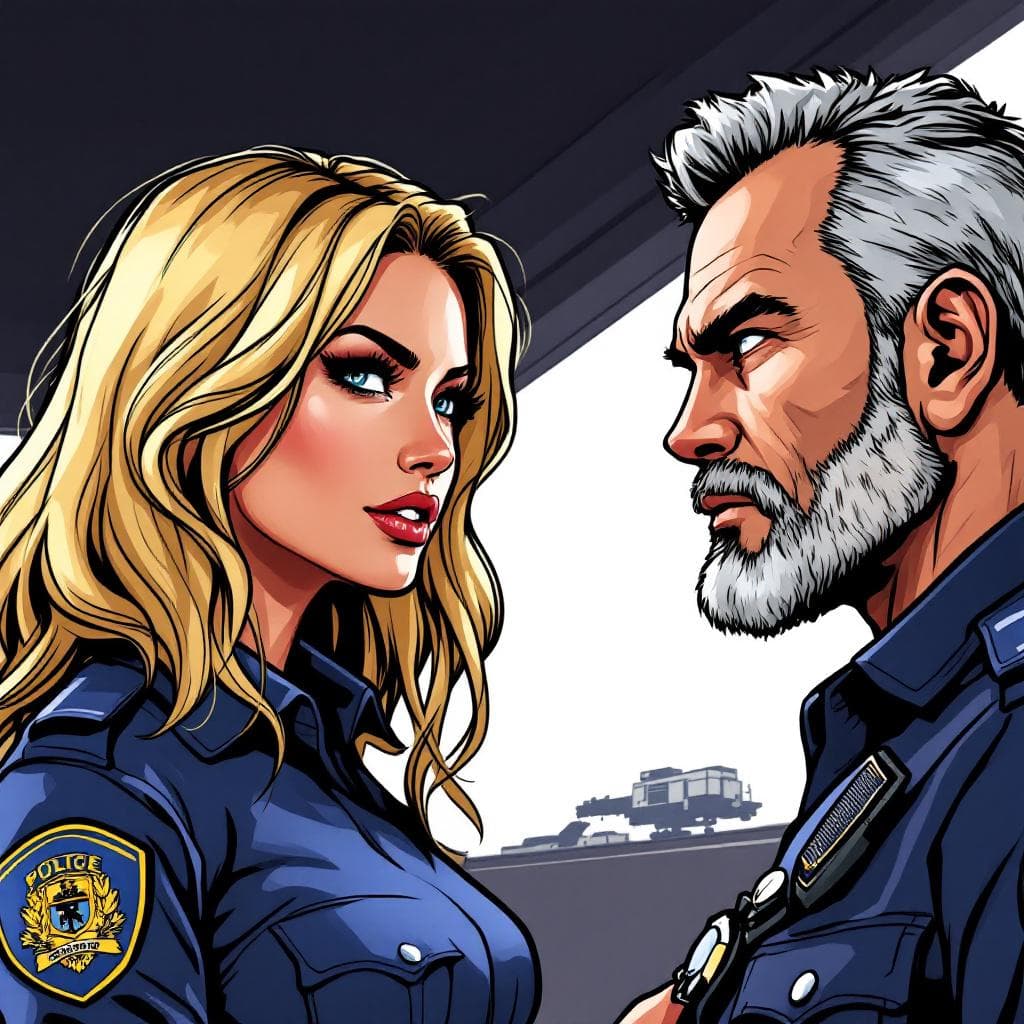 AI generated: Cartoon illustration, comic book cover featuring a gorgeous blond Woman, slightly-wavy long hair, bo...