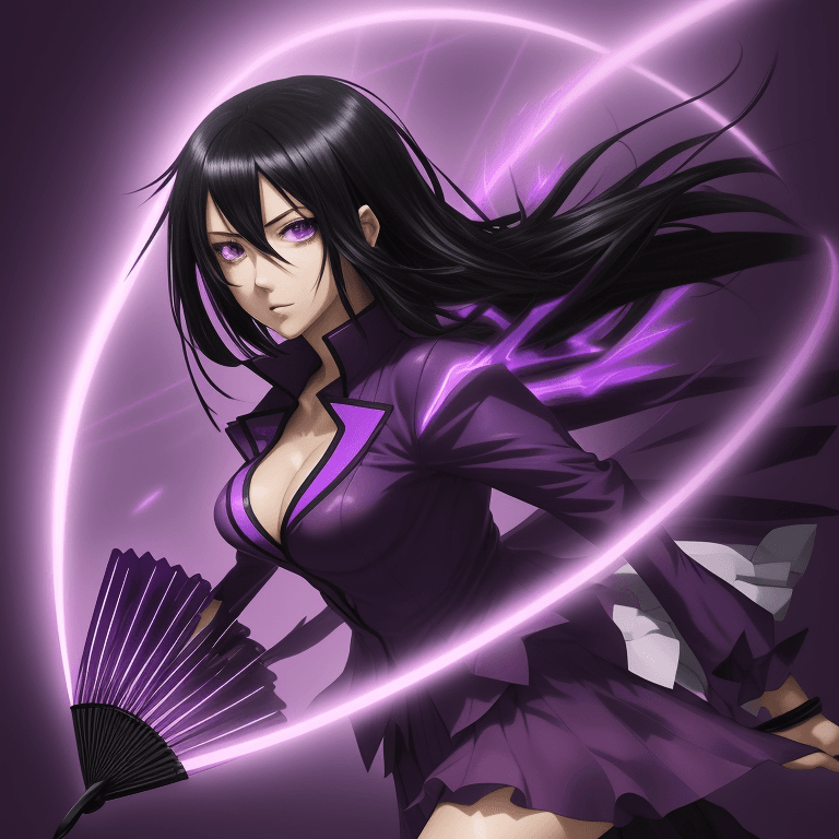AI generated: The image shows an anime character with black hair and a purple outfit, holding a fan with a purple ...