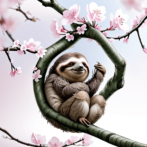 AI generated: Describe a peaceful scene of a sloth resting on a branch of a blooming sakura (cherry blossom) tree....
