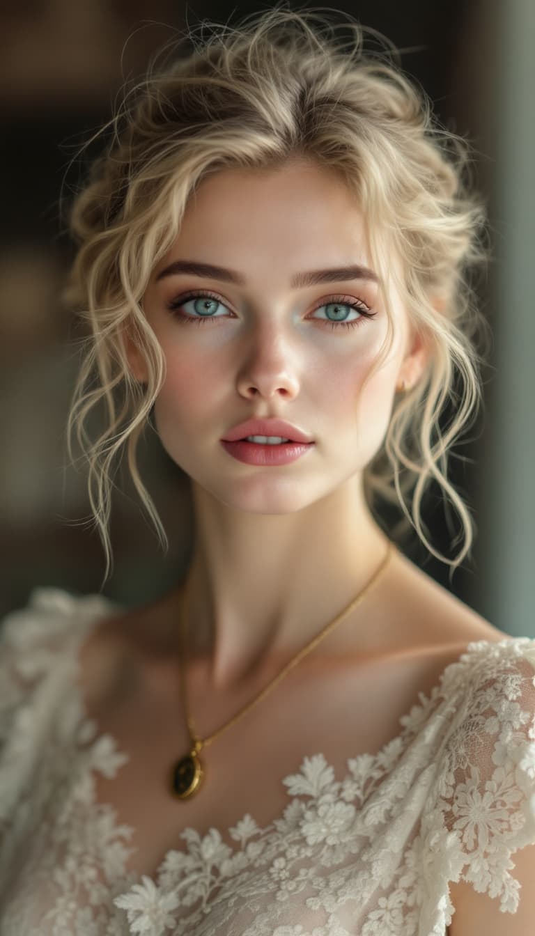 AI generated: "lighting is soft and flattering, casting gentle shadows that add depth to her expression. She wears...