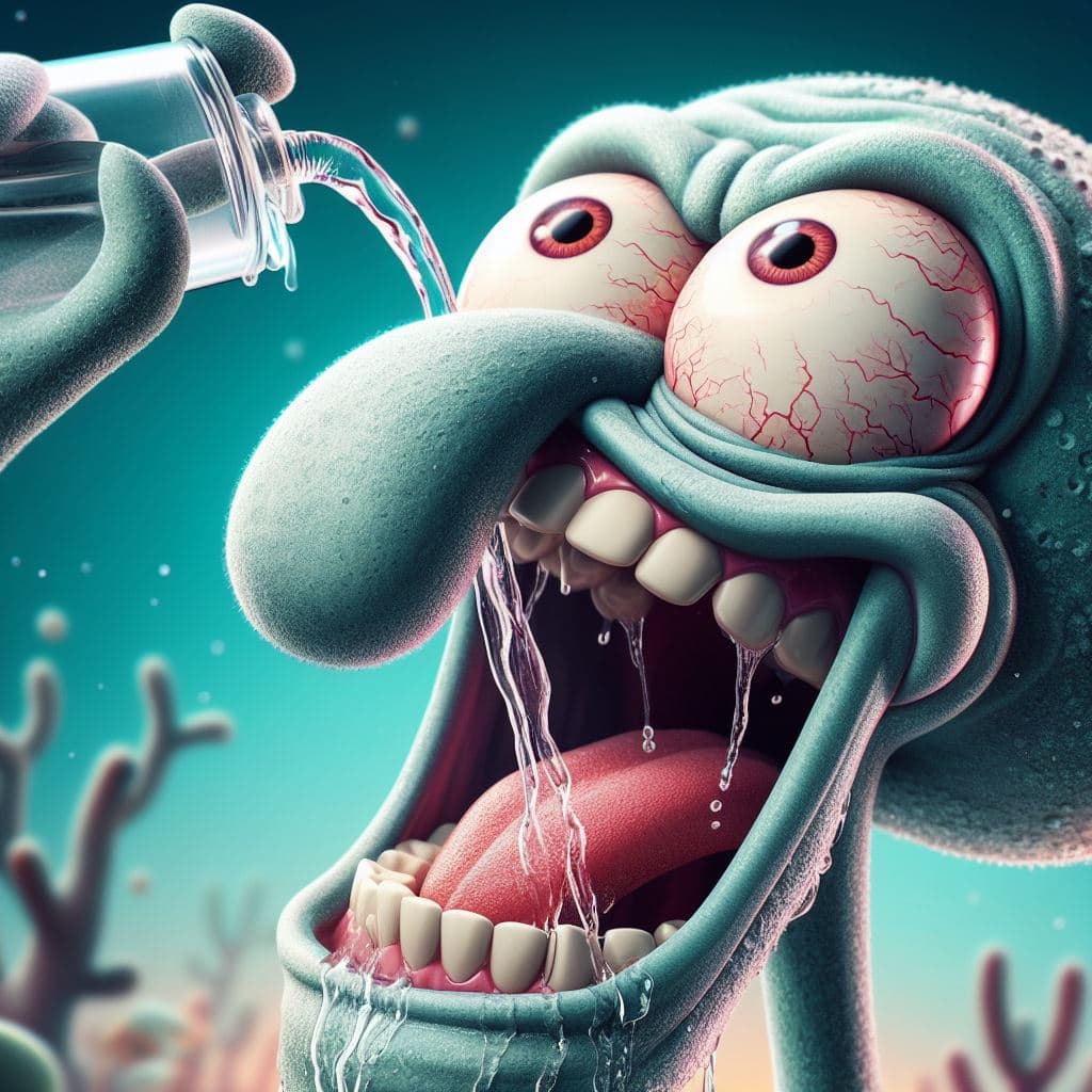 AI generated: Extreme Thirsty Squidward, Humor, Close-up, Realism