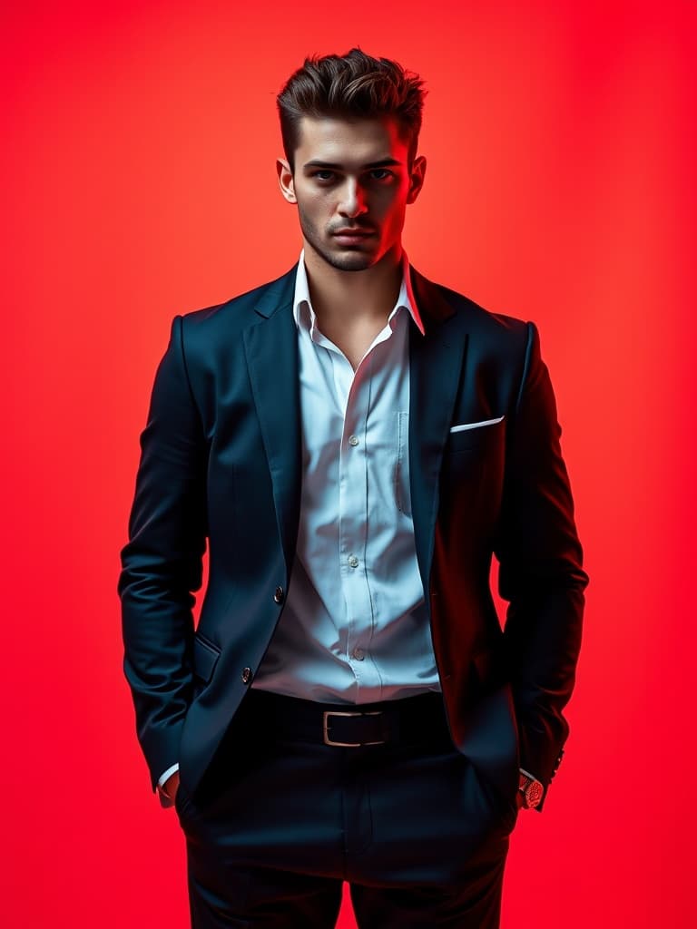 AI generated: fashion cover, front view, upper-body, stud, male model, Vibrant Hot red Backdrop, suit, formal shir...
