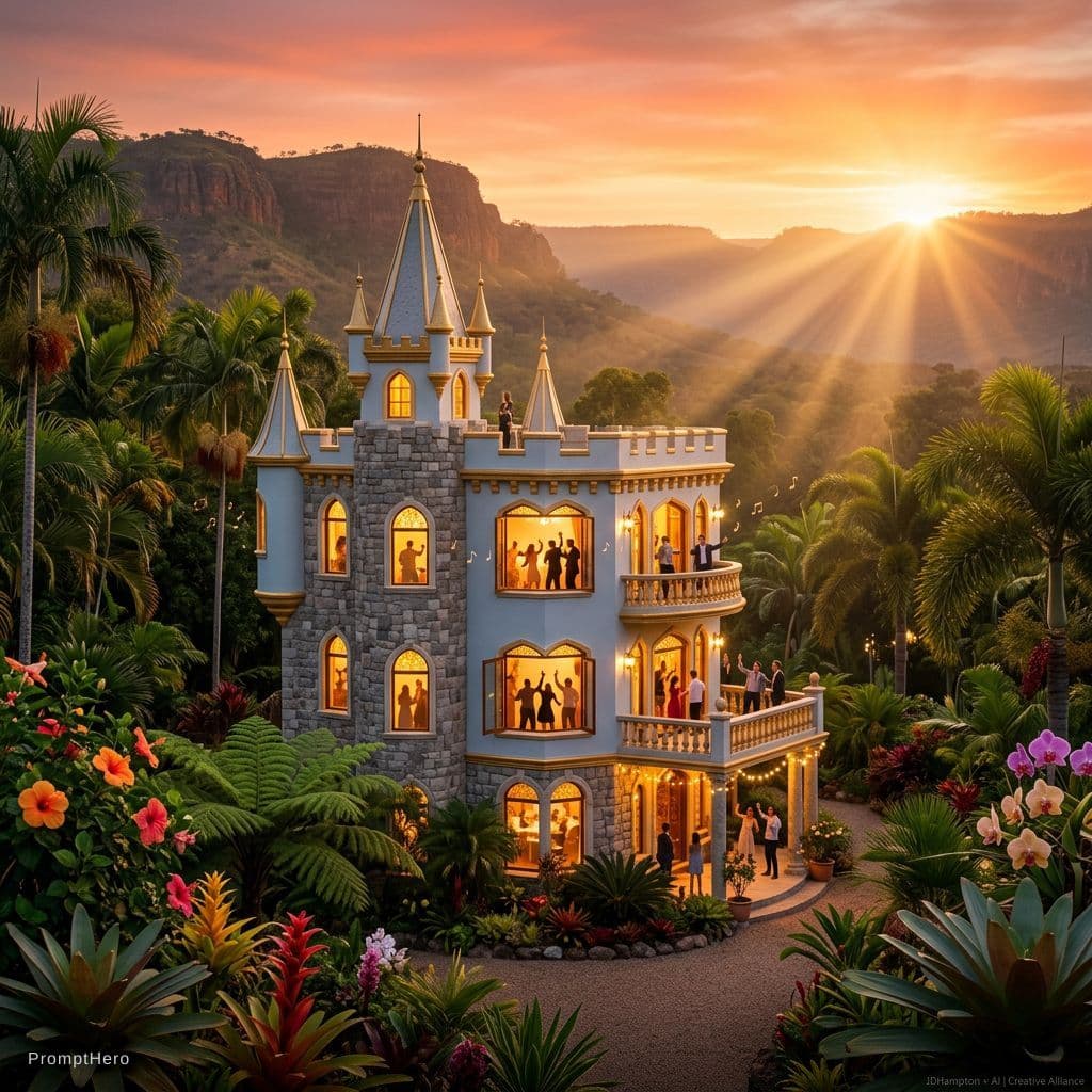 AI generated: The small castle is brilliantly designed in soft light blue, bright gold, and grey stone. A vibrant ...