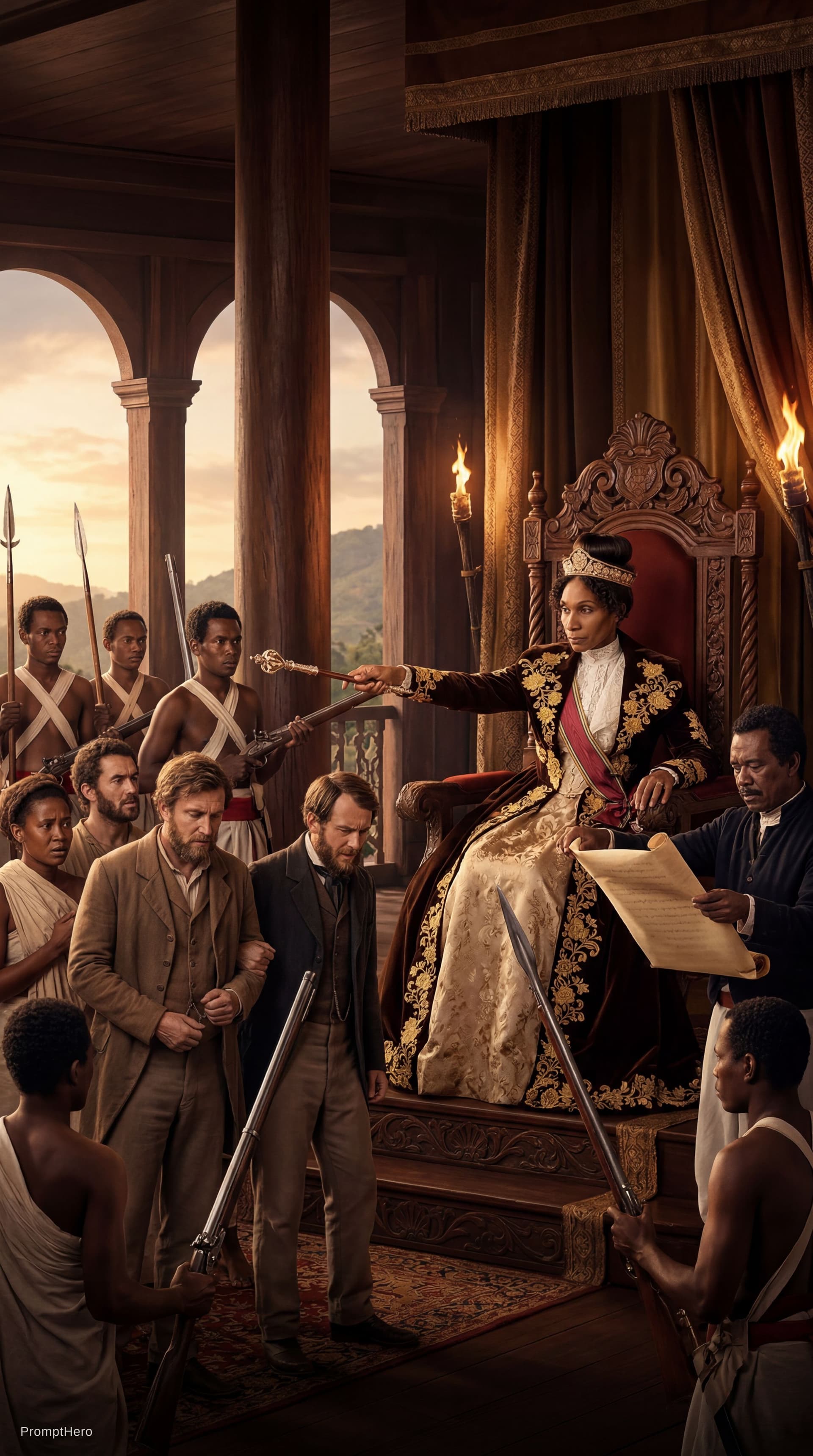 AI generated: sited on a royal throne in madagascar 1829 she banishes missionaries christians to death on stake.