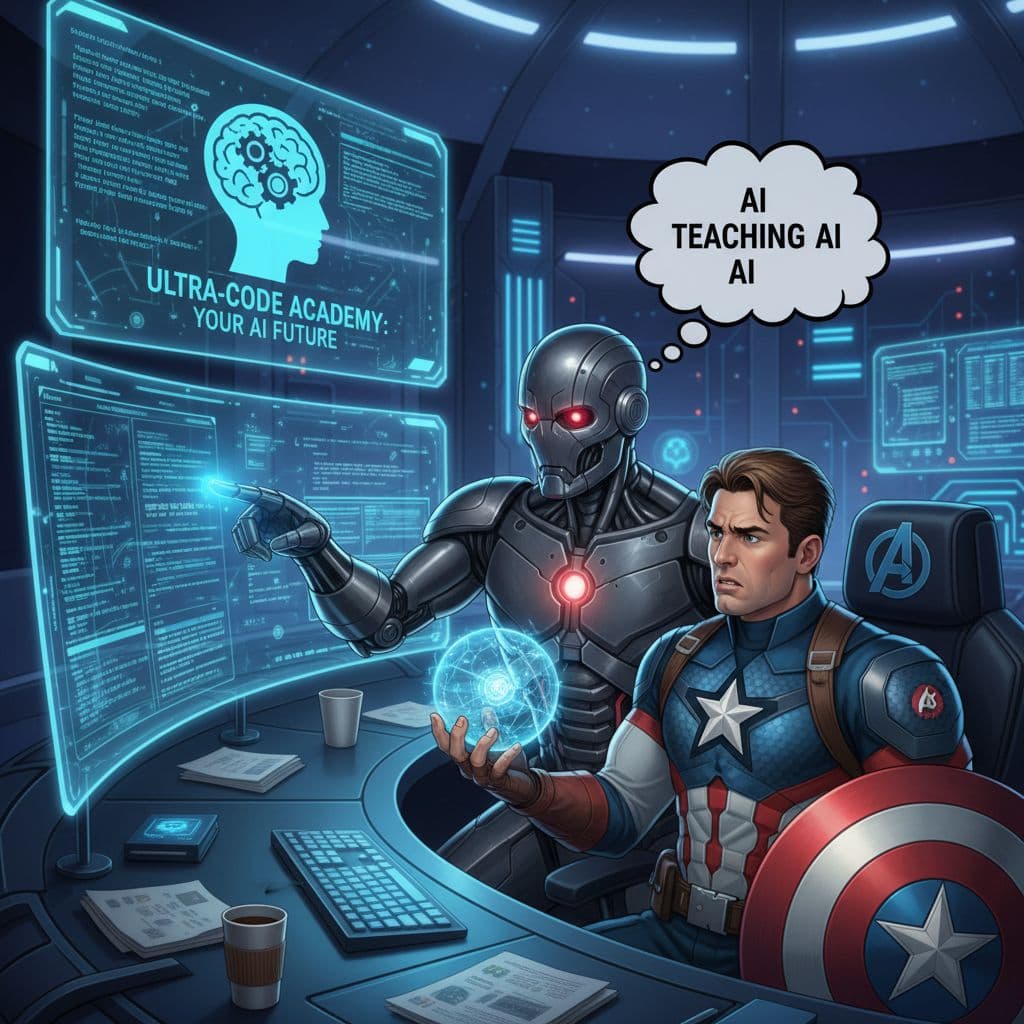 AI generated: Can you generate a parody image of Ultron teaching Captain America to program on a computer? The ide...