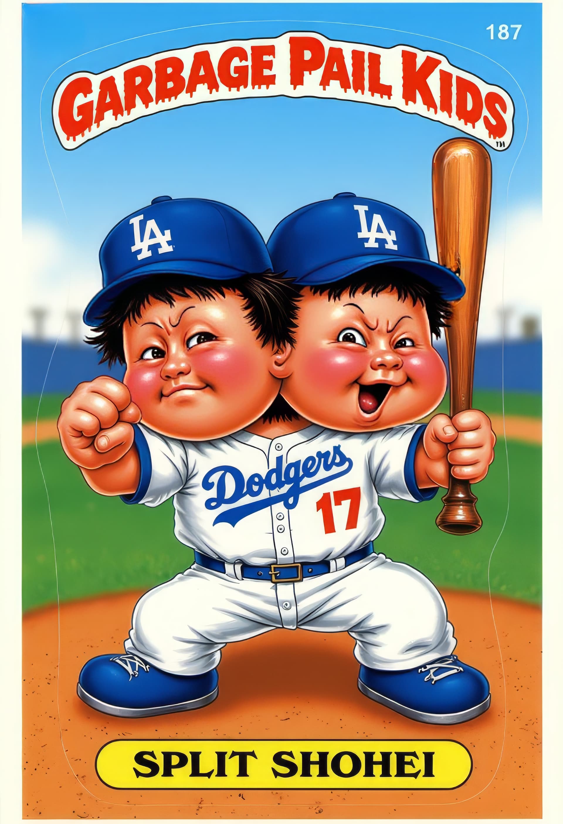 AI generated: A cartoon picture of Garbage Pail Kids named "SPLIT SHOHEI" He is depicted as a Asian Japanese chara...