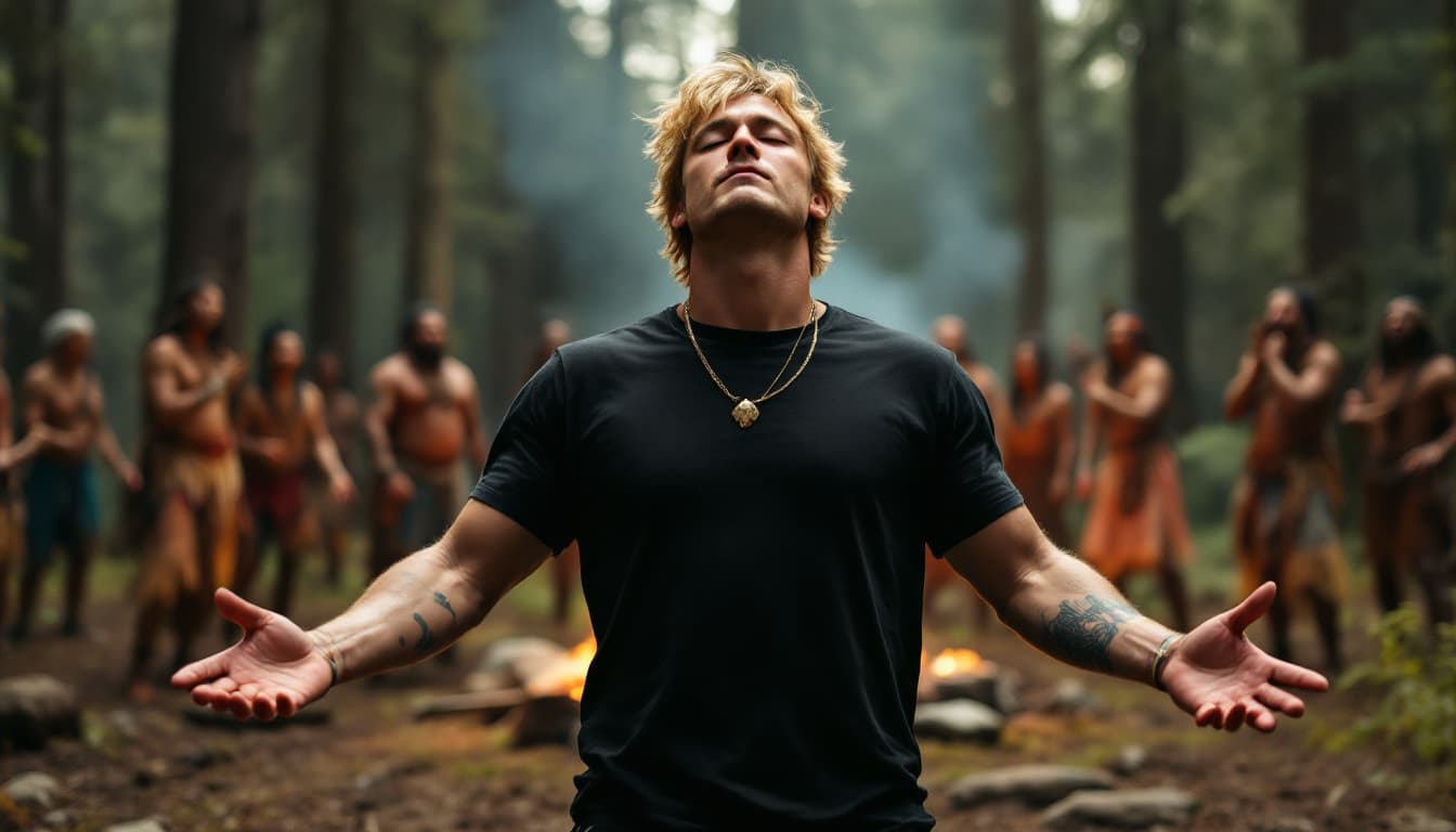 AI generated: A nearly 30-year-old man with blond hair, wearing a black t-shirt and black jeans, standing in a Nat...