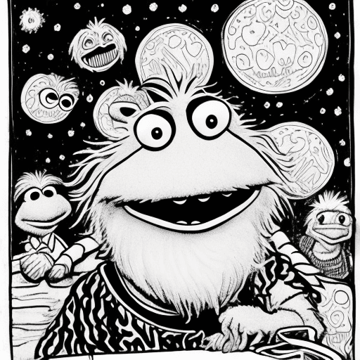 AI generated: Black & white, coloring-book style, line drawing of Muppet Death-God dreaming of Jim.