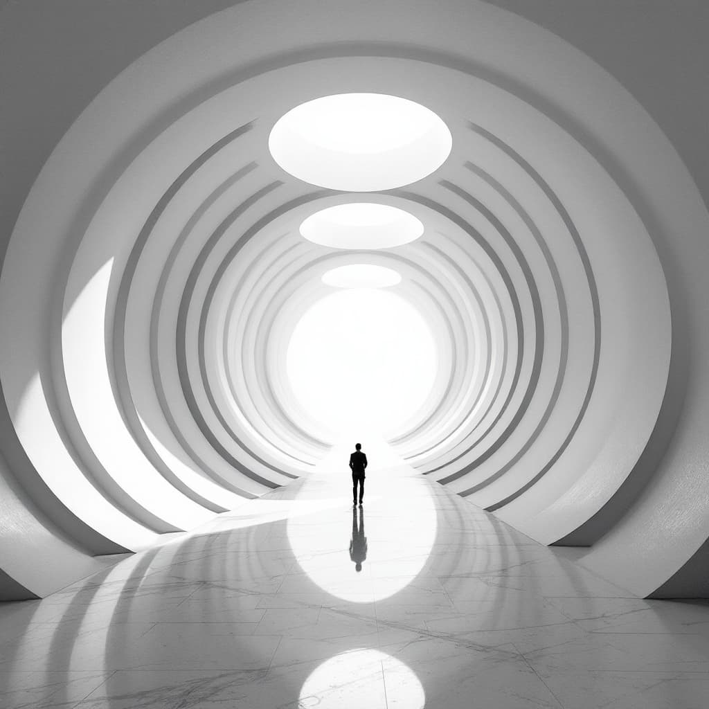 AI generated: A man walking in the center of an infinite white circular building, symmetrical photo, architectural...