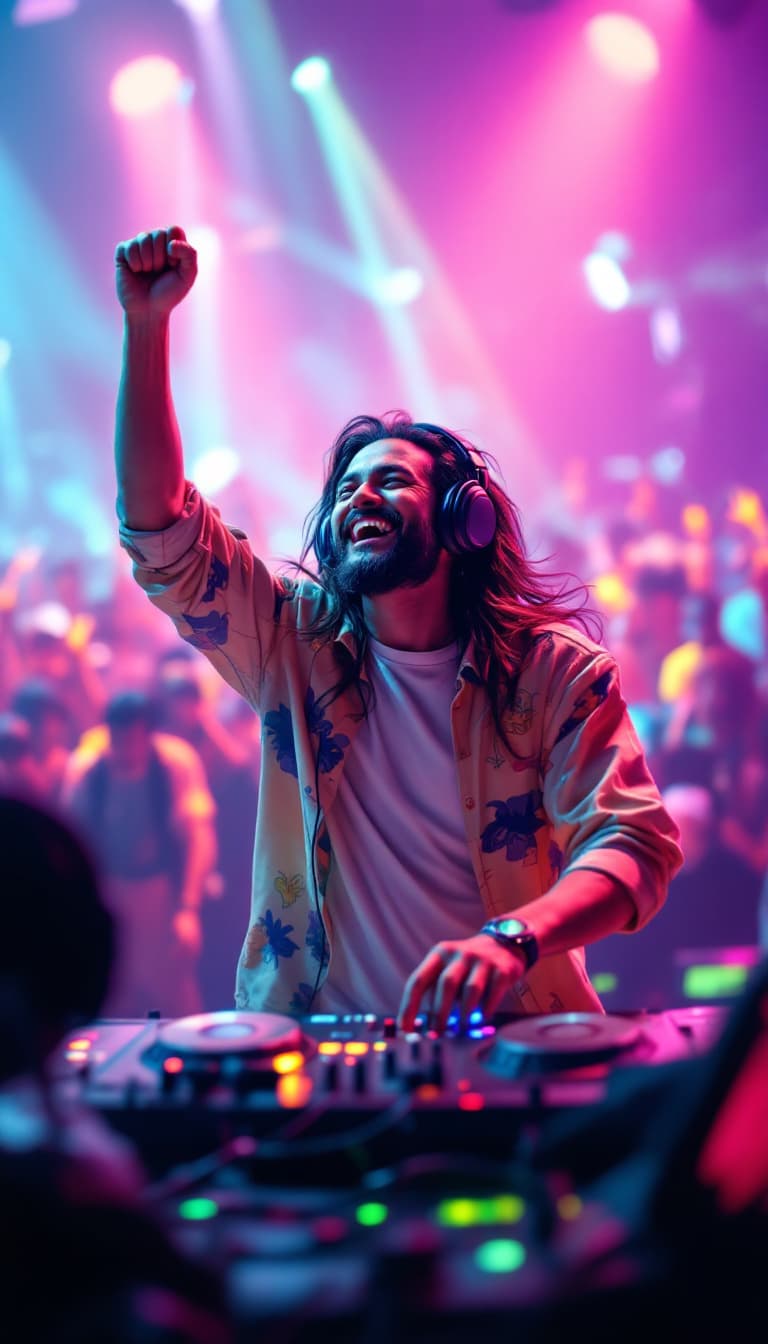 AI generated: No People in the background, 50yo indonesian man with long meesy hair style,, DJing, machines are fr...