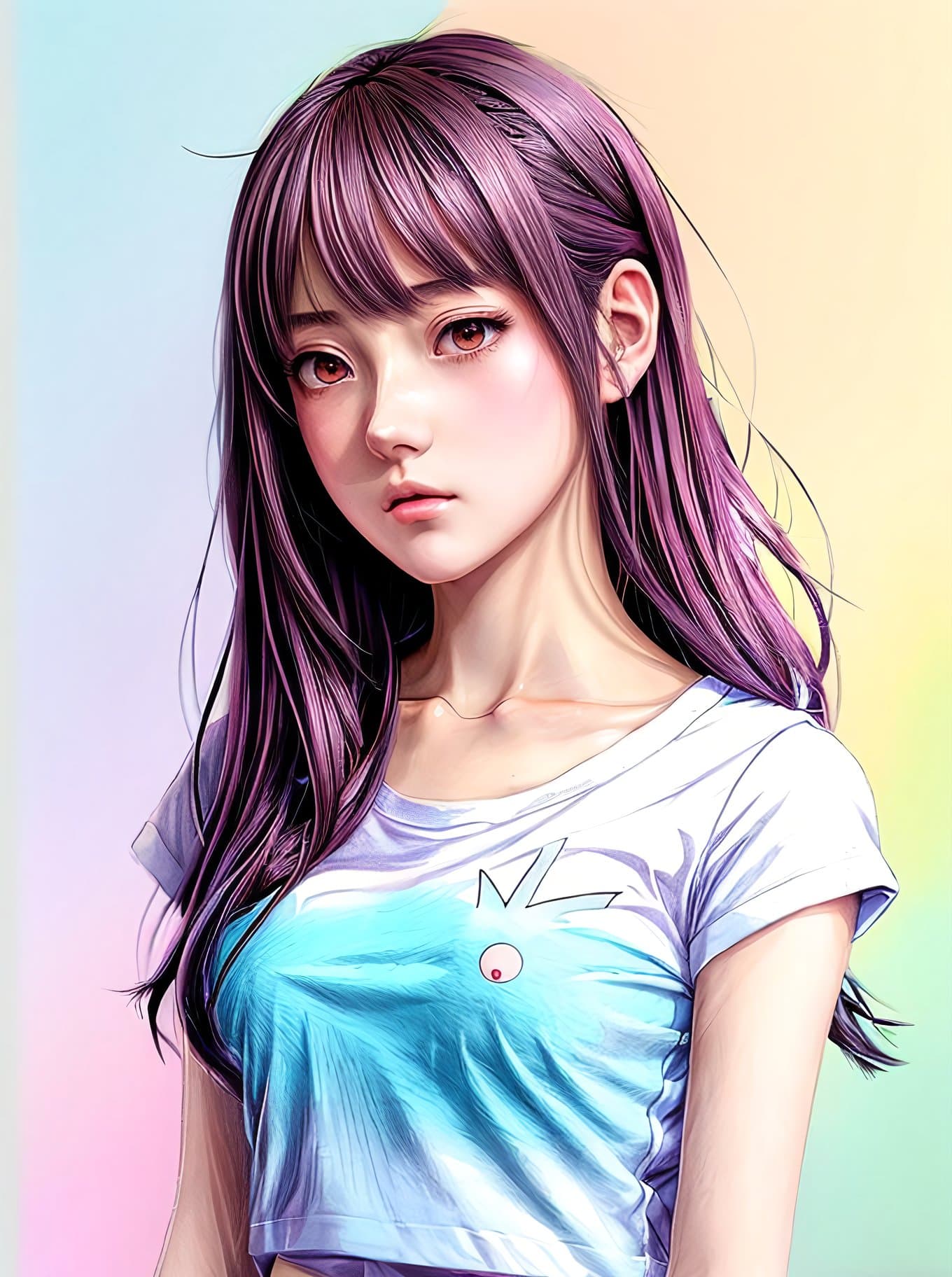 AI generated: portrait of a beautiful anime girl, powerful leader, casual T-shirt, lofi colors:: anime drawing, an...