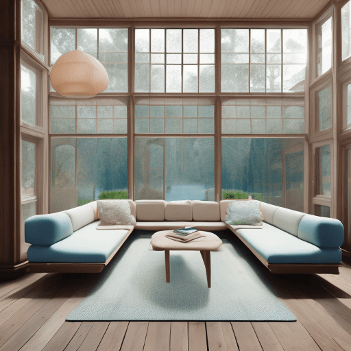 AI generated: High resolution photography interior design, dreamy sunken living room conversation pit, wooden floo...