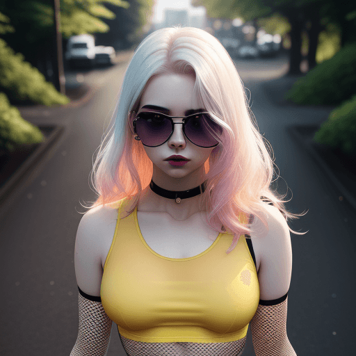 AI generated: , shirt, see-through, fishnets, from_above, crop top, detailed face, yellow bodycon tank top, hair, ...