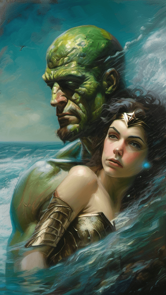 AI generated: Inpunk art by Gustave Moreau, Thomas Kinkade, James Gurney, Frank Frazetta, Mr Nimbus Ocean Man. oil...