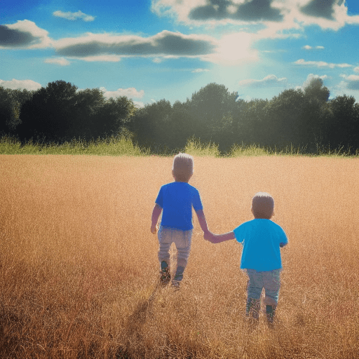 AI generated: boy and girl walking while they are holding their hands in a field. sunny day. from the back. boy an...