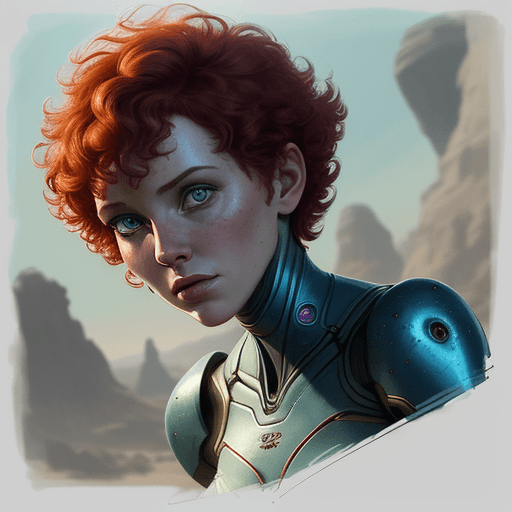 AI generated: cartoon beautiful angle of female alien species with short curly red hair beautiful bright eyes bree...
