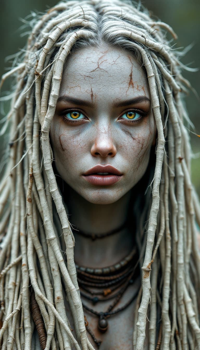 AI generated: Beautiful, long hair, woman with skin made entirely of textured bark texture, stoic look, amber eyes...