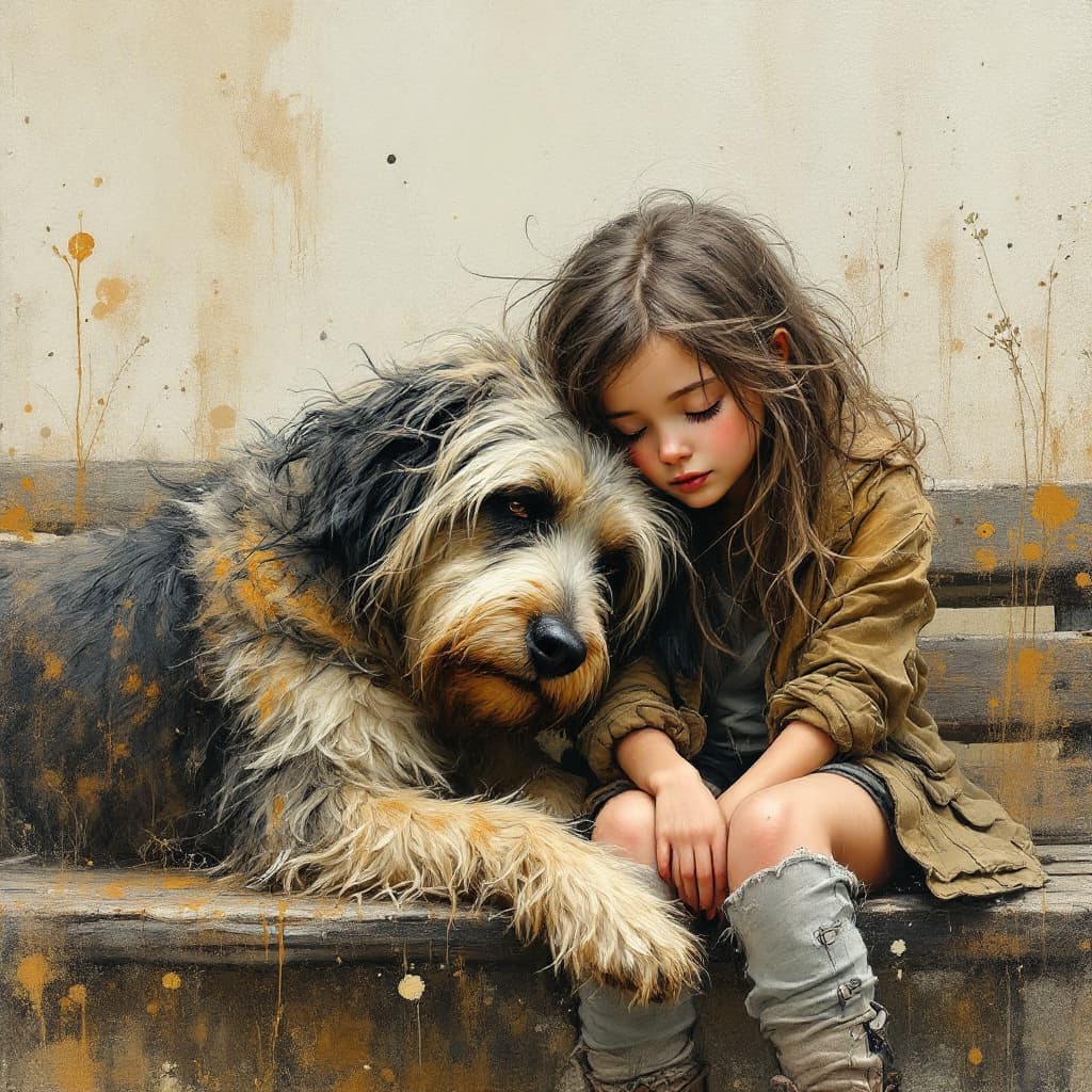 AI generated: Oil paint splatter Whimsical scruffy dog with long windswept hair, lying on a bench with his head on...