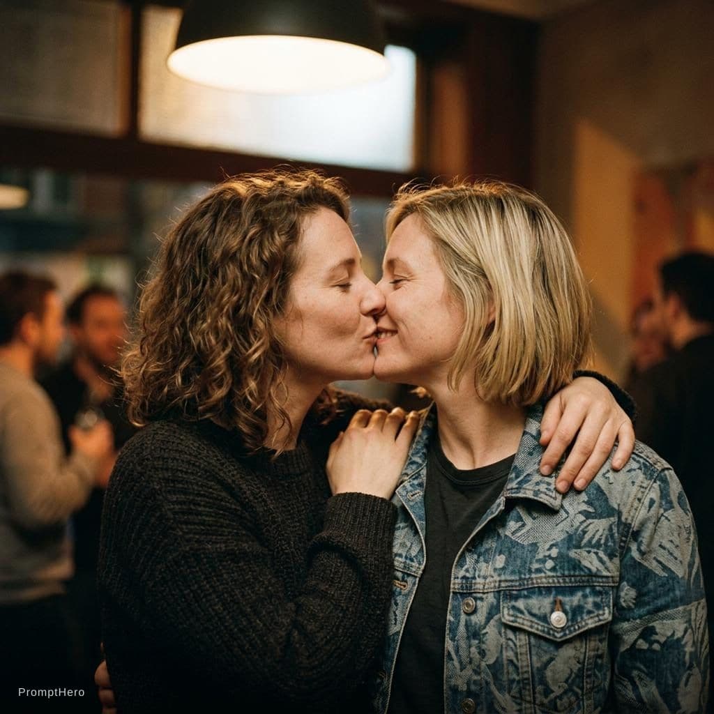 AI generated: Busty woman kissing another woman.