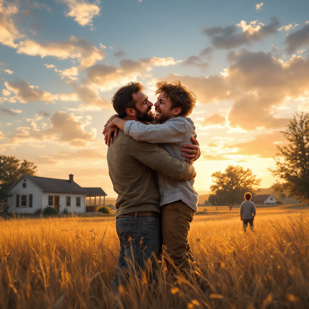 AI generated: A father embracing his ragged son returning home, joyful expression, farmhouse in background, distan...