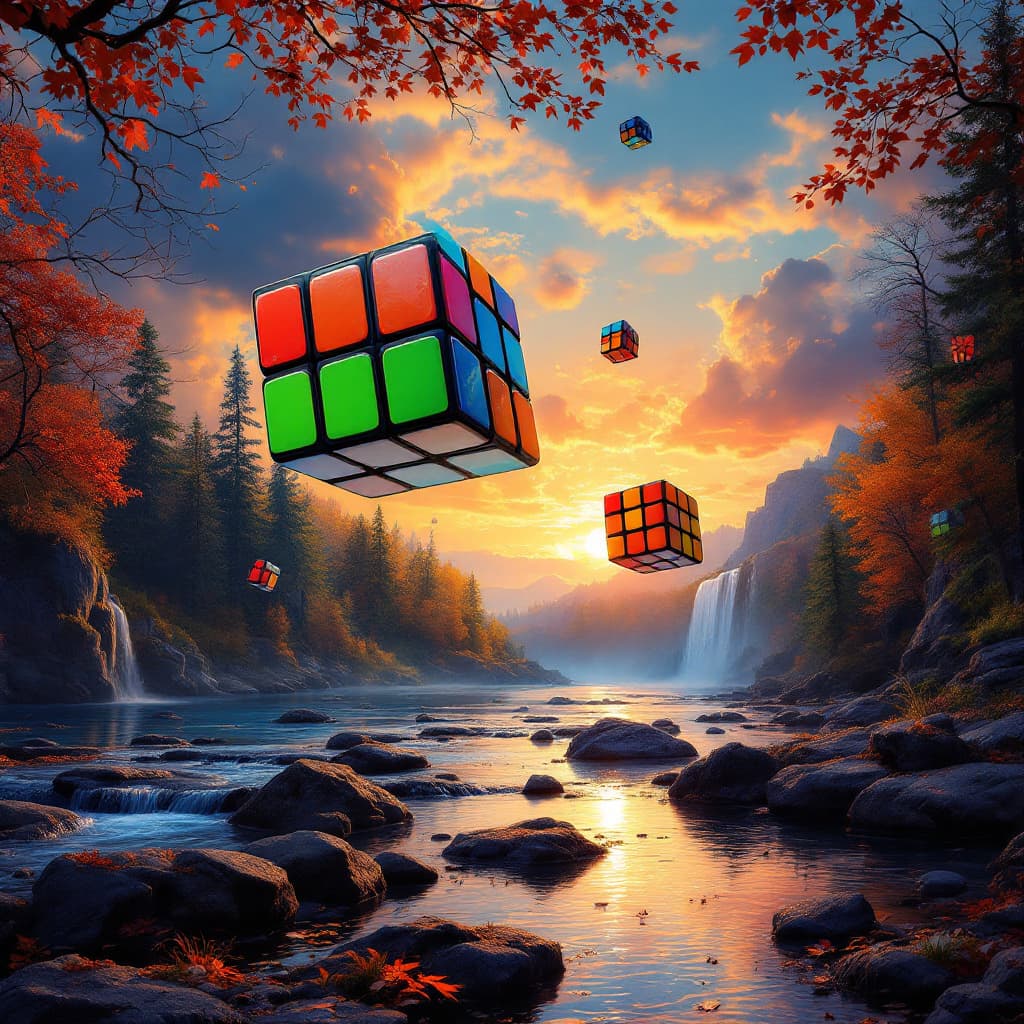 AI generated: photo-realistic, digital art, surreal, Rubik's cube, nature, autumn, winter, summer, spring, vibrant...