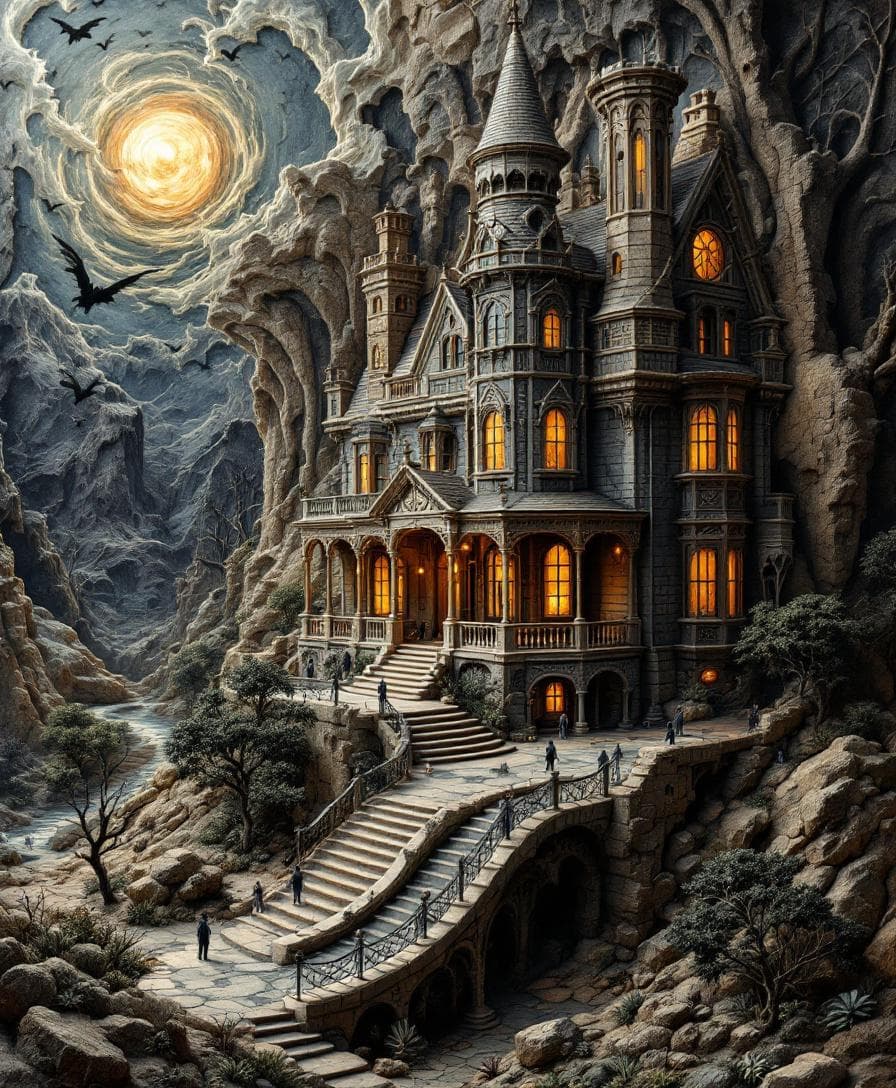 AI generated: ((High Relief Trompe L'oeil, Isometric landscape scene, Panoramic perspective,Mixed Media art,Marouf...