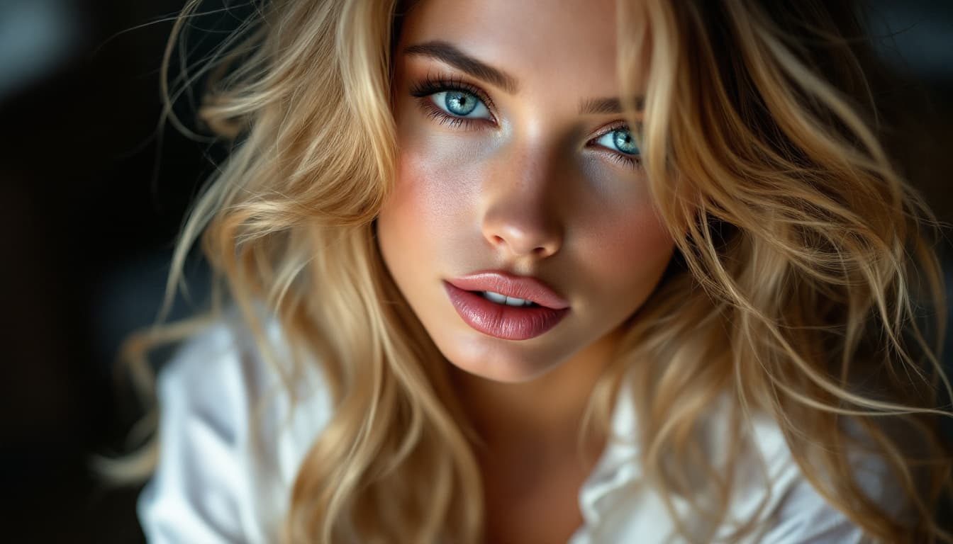 AI generated: "A hyper-realistic photograph capturing a 21-year-old honey blonde model with cascading, radiant lon...