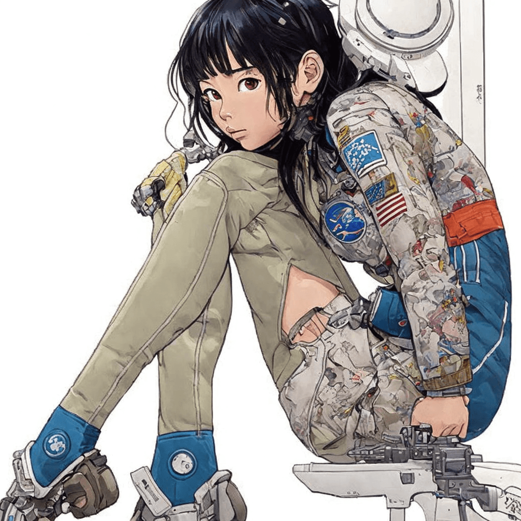 AI generated: a close up of a person sitting on a stool with a gun, portrait anime space cadet girl, by Otomo Kats...