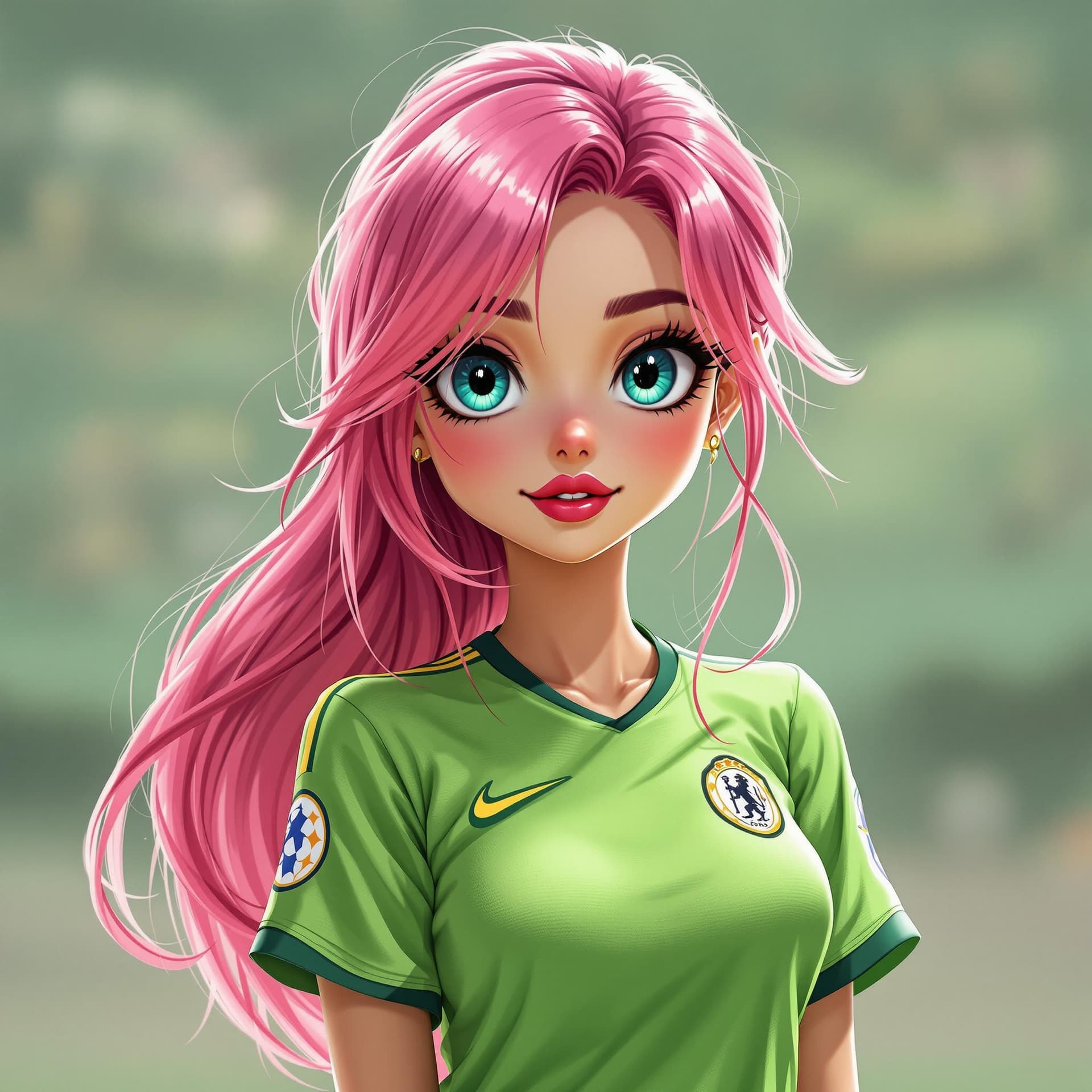 AI generated: Chica de anime, pelo color rosa , hojos color verde , con grandes proporciones , que tenga camiseta ...