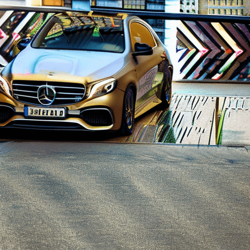 AI generated: one car mercedes with gold color, full size, in center of photo, model e63s amg, year 2023, behind o...
