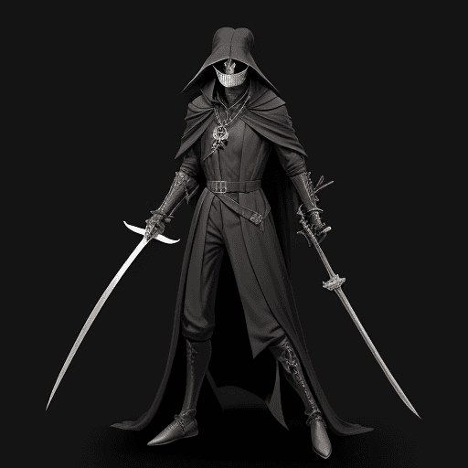 AI generated: 
"Design a plague doctor wielding two swords at their sides, adorned with a skull necklace, against ...