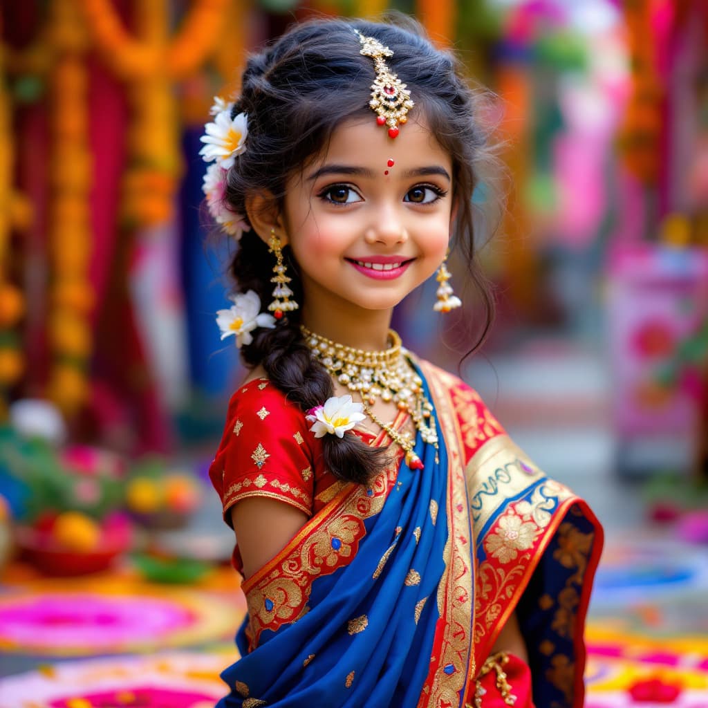 AI generated: Create a vibrant and detailed image of an adut
girl wearing a traditional Indian dress. She should b...