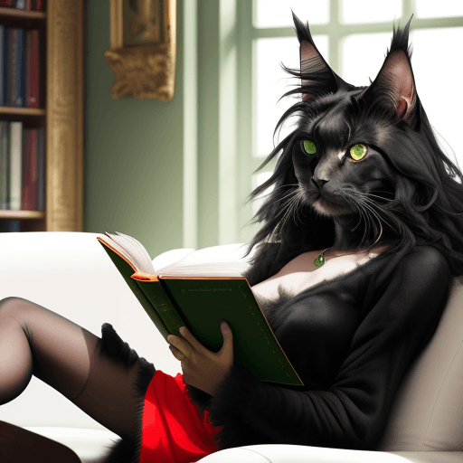 AI generated: black Maine Coon with green eyes, red lips, sitting on the white sofa, reading a book, photo,  --ar ...