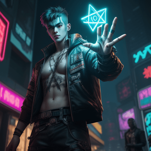 AI generated: a young man dressed in cyberpunk style,
,handsome hand gestures forming a spell,martial arts and fai...