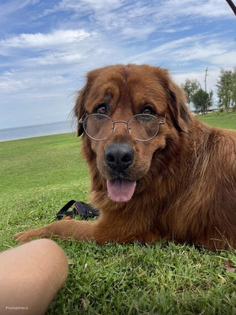 AI generated: Give this dog glasses on his nose, looking just over the top of the glasses