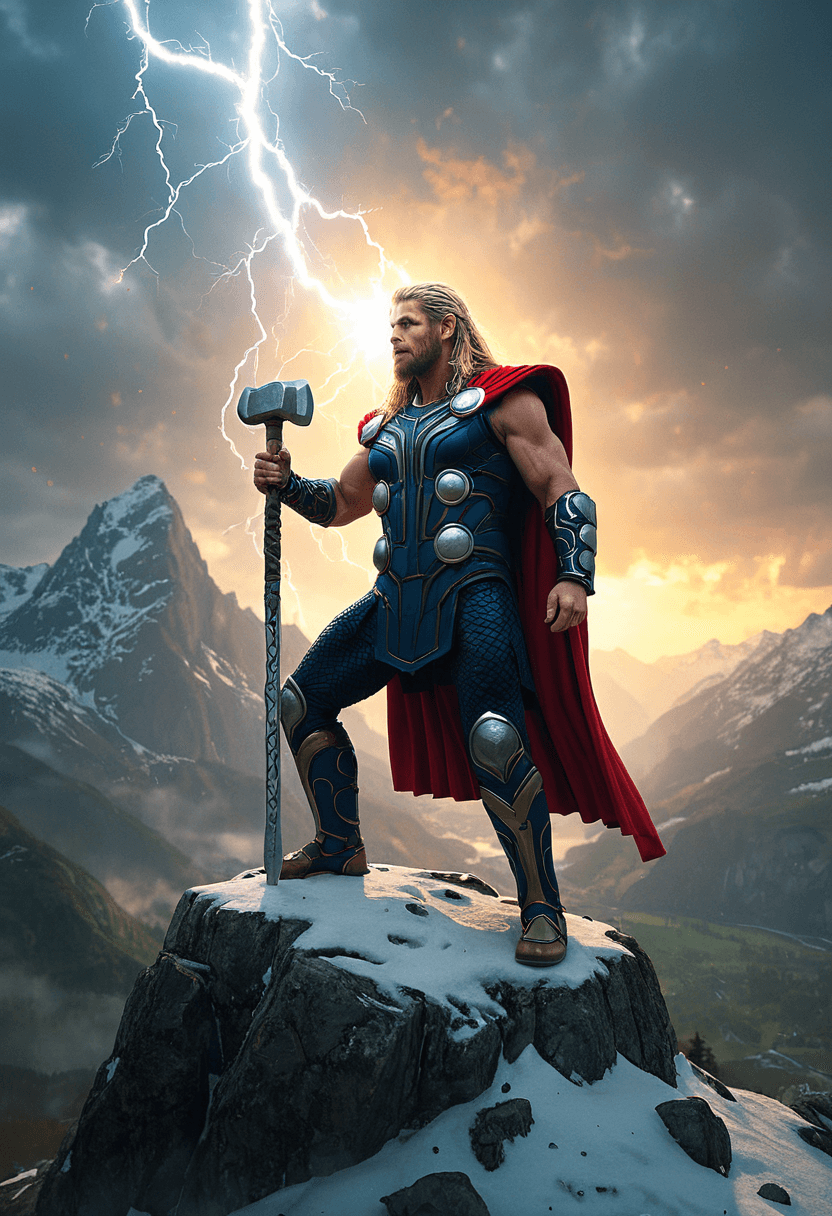 AI generated: A powerful Thor stands atop a snow-capped mountain peak, his hammer Mjolnir raised towards a sky cra...