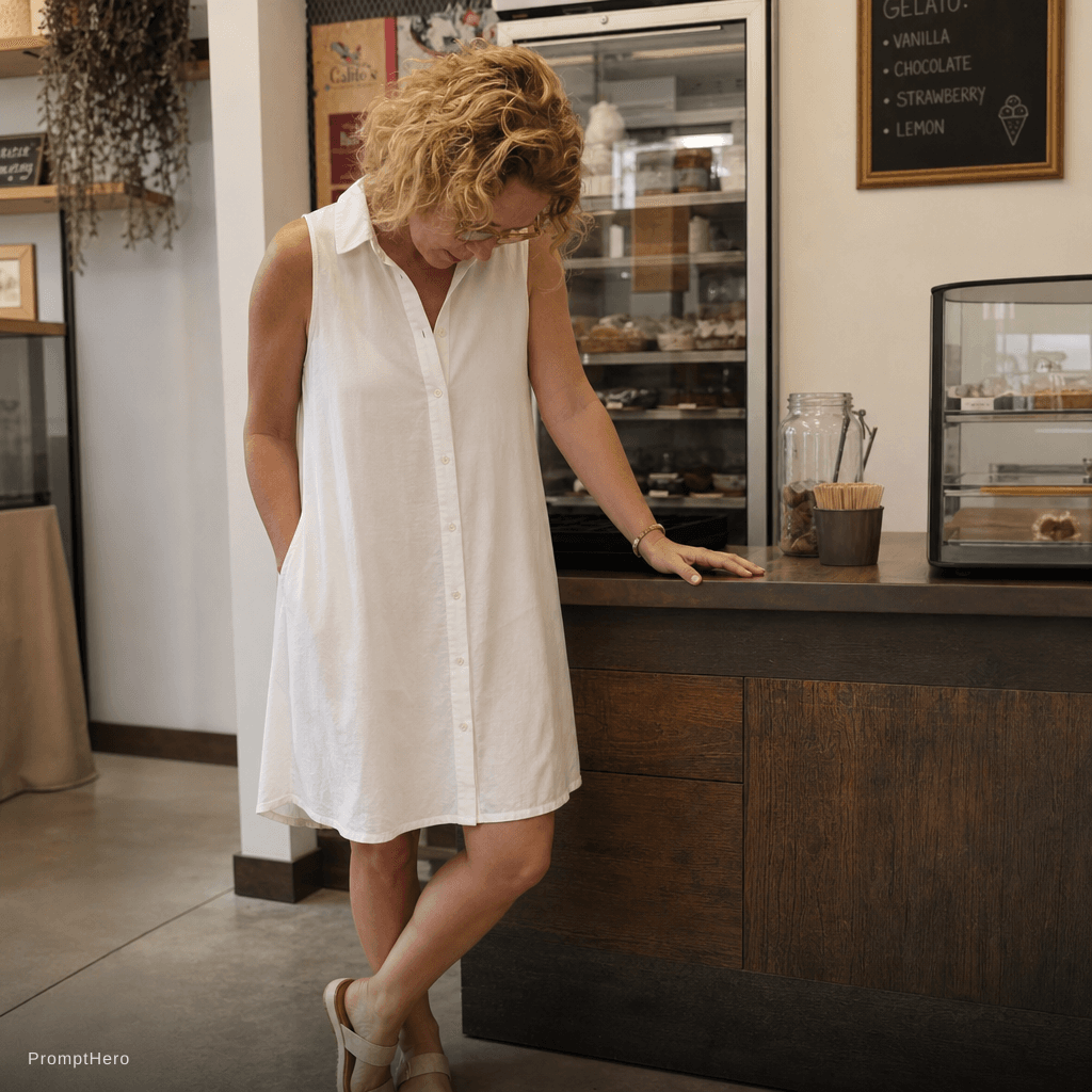 AI generated: White sleeveless shirt dress loosely draped over her