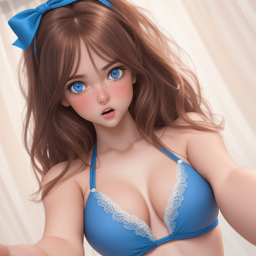 AI generated: Hyper realistic, cute, comely, young, shy, female, tight fitting lace bikini model, brown hair, l, m...